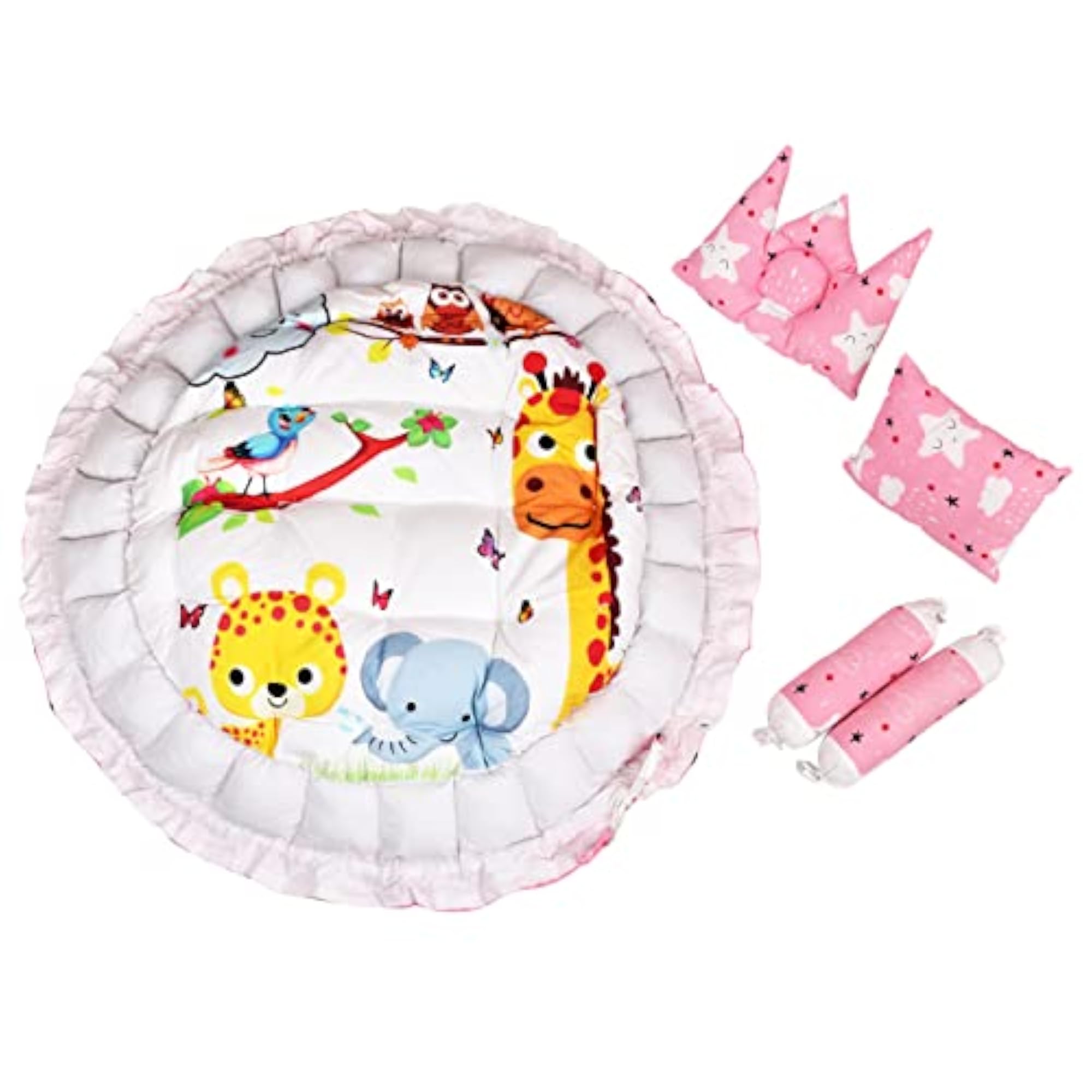 Multicolor 4 Pillows & Round Shape Baby Bed for 0-1 Year